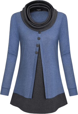 VALOLIA Womens Cowl Neck Long Sleeve Tunic Tops Button Casual Loose Shirts Large Blue