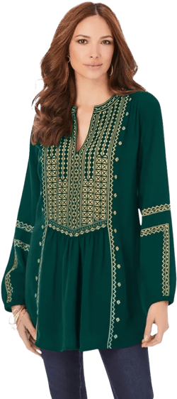 Roaman's Women's Plus Size Embroidered Boho Tunic - 24 W, Emerald Green