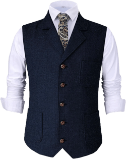 Mens Retro Suit Vest Tweed Wool Regular Fit Dress Waistcoat Herringbone for Jacket Small Navy