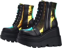 Cape Robbin Radio Holographic Platform Ankle Boots with Chunky Block Heels for Women 8 Black