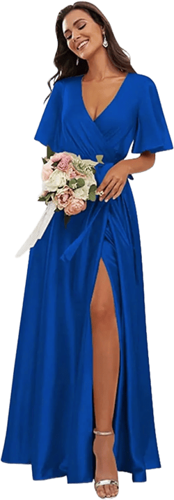 OFEECHUN Women's V Neck Satin Bridesmaid Dresses with Sleeves Slit A Line Long Formal Dress Party Gowns 16 Royal Blue