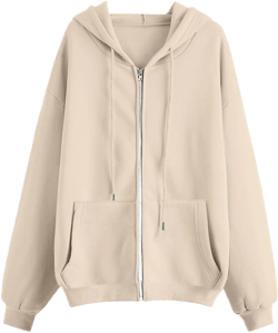 Oversized Zip up Hoodie for Women Long Sleeve Light Weight Drawstring Cropped Sweatshirt 2025 Y2K Fashion Jackets with Pocket A01 Beige Medium