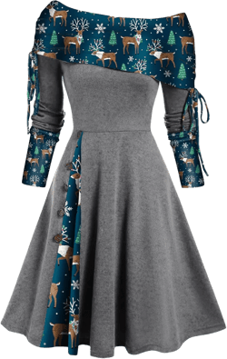 Women's Fall Dresses 2024 Convertible Neck Cinched Striped Flare A Line Dress Long Sleeve Christmas Dresses