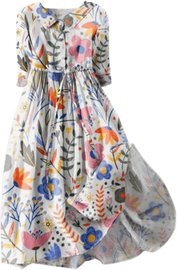 Women Retro Boho Floral Print Cotton Linen Dress Lapel Button 3/4 Sleeve Casual Midi Shirt Dresses Summer Pleated Dress X-Large White