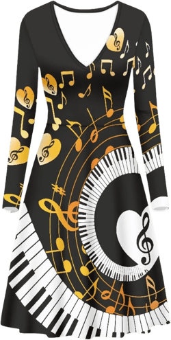 Forchrinse Red Kiss Lip Print Women's Long Sleeve Dress V Neck Casual Dress Loose Swing Knee Length Large Yellow Music Note Piano