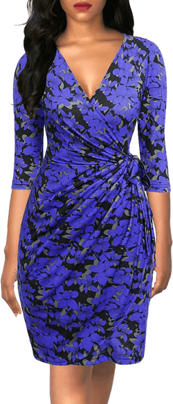 Berydress Women's Classic 3/4 Sleeve V Neck Sheath Casual Party Work Faux Black Wrap Dress Large Blue Floral