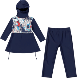 Islamic Swimsuit for Girls 2-Piece Full Cover Hijab Top Burkini Pants Modest Muslim Swimwear Beachwear Bathing Suit 4-5T Navy Blue Long