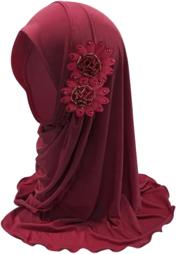 Girls Muslim Hijab Floral Lace Head Scarf Kids Islamic Arab Scarf Shawls Head Wrap with Flowers Wine Red