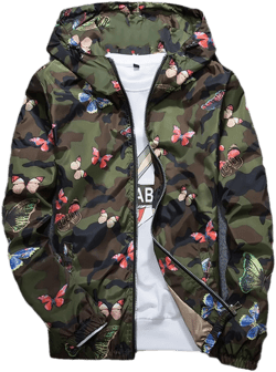 USTZFTBCL Men Women Hooded Jacket Casual Printed Camo Jacket Men Butterfly Camo Varsity Jacket Male Windbreaker Coat