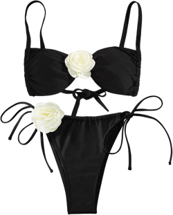 Lilosy Sexy Appliques Floral Flower Spaghetti Straps Bikini Tie Side String Thong Swimsuit Set