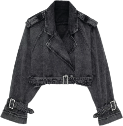 Perbai Womens Cropped Trench Coat Lapel Double Breasted Short Denim Peacoat Trucker Jacket with Belt Medium Grey
