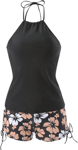 SOLY HUX Tankini Swimsuits for Women Halter Tops and Floral Print Shorts Bathing Suits Two Piece Swimsuit X-Large Black Floral