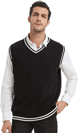 TopTie Men's V-Neck Cotton Twist Knit Sweater Vest Green and Red Trim X-Large Black and White