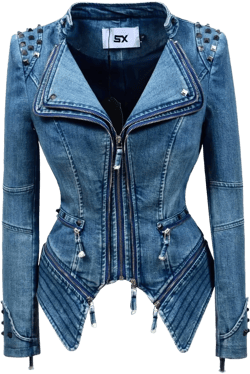 Women's classic denim jacket personalized rivet punk dovetail Motorcycle Jacket