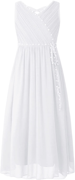 Kids Girls Elegant Beaded Party Dress Ruched V Neck Evening Gown Chiffon Bridesmaid Dresses 16 Years White