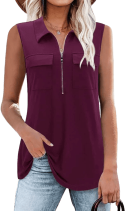 Bulotus Women's Sleeveless Blouses Collared Zip Front V Neck Business Casual Tunic Tank Tops Burgundy Medium