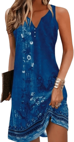 Chvity Womens Boho Dress Summer V Neck Sleeveless Dresses Ethnic Floral Print Sundress Mini Dress Medium Blue Tank Dress