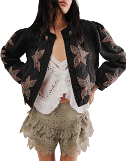 Locachy Women's Casual Cropped Puffer Jacket Lightweight Flower Embroidery Winter Warm Quilted Jacket Coat with Pockets Black S