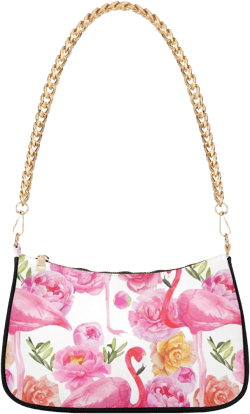 Women Chain Shoulder Purse Bag With Zipper Watercolor Pastel Pink Flamingos Print, Roses Peonies Flowers Hobo Tote Clutch Handbags with Chain Strap