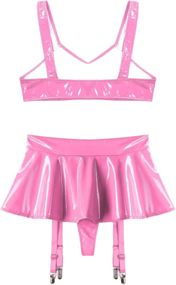 Women's Shiny Metallic Lingerie Outfits Mini Built-in Panties Skirts with Cutout Bra Crop Tops