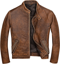 Men’s Biker Vintage Distressed Motorcycle Brown Genuine Cowhide Bomber Stand Collar Crossover Café Racer Leather Jacket