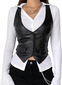 Women Y2K Dressy Denim Waistcoat Vest Sleeveless V Neck Button Down Vintage Fairy Grunge Bustier Cropped Top #7-black Large