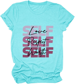 FORHVIPS Women's Love Self Positive Inspirational T-Shirt Funny Letter Graphic Tees Empowerment Confidence Shirts X-Large Sky Blue