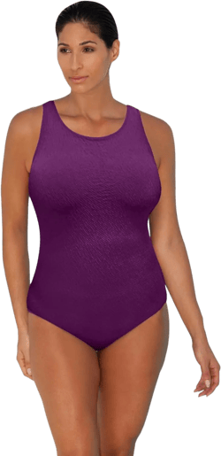 Women's Chlorine Resistant Solid Luxe Textured Scoop Neck One Piece Swimsuit 8 059 Luxe Eggplant
