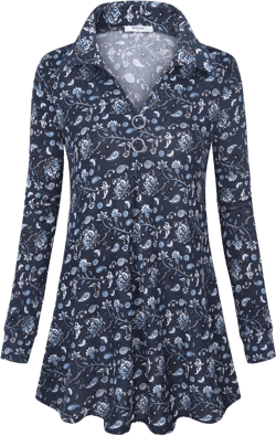 Bebonnie Womens Long Sleeve Casual Lapel V Neck Pullover Tunic Blouse Tops with Buttons Blue Floral Medium