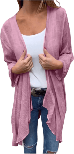 Womens Long Sleeve Open Front Cotten Linen Cardigan Lightweight Summer Kimono Summer Dressy Tops Pink 3X-Large