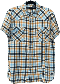 G-Star Blue Black Orange White Checkered Slim Fit Short Sleeve Button Up Business Polo Dress Shirt L C106