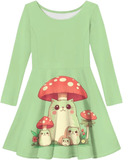 Fisoutleap Girls Cute Print Dresses Casual Long Sleeve Cartoon Dress Teen Girls Party Clothes Size 3-4 Mushroom Cat 15-16 Years
