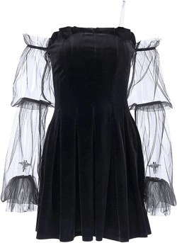 TSMNZMU Gothic Mini Dress for Women Velvet Off Shoulder Fairy Lolita Dresses Sexy Lantern Sleeve Witchy Dress Emo Alt Dress X-Large Mesh Transparent