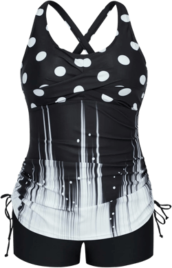 Hanna Nikole Women Plus Size Tankini Swimsuit Two Piece Bathing Suits with Shorts Tie-Side Drawstrings Tankini Swimwear 26 Plus Black & White