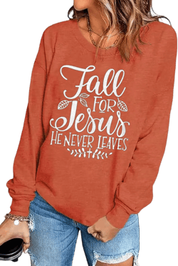 Fall for Jesus He Never Leaves Sweatshirt Women Christian Shirt Thanksgiving Graphic Pullover Tops Long Sleeve Tshirt Medium Orange