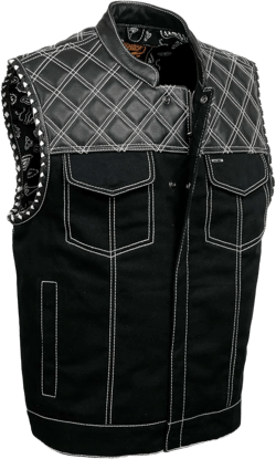 Milwaukee Leather MDM3035 Men's 'Wrecker' Black Denim and Leather Club Style Vest w/Diamond Quilt Design 4X-Large Black