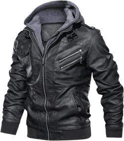 CARWORNIC Men's Faux Leather Jacket Casual Brown Motorcycle Jacket with Removable Hood