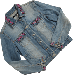 90s Denim Jacket with glass pink beaded embroidery by Hallhuber
