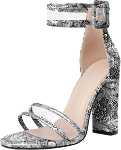 Esvowido Women's Open Toe Denim High Heeled Sandals Fashion Comfortable Ankle Strap Tassel Chunky Block Heels 6 Patent Flower White