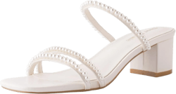 Shoe'N Tale Pearl Heels for Women Square Open Toe Low Block Heel Slip on Dressy Sandals Wedding Shoes 6 White Satin