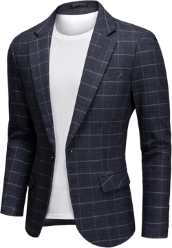 Mens Blazer Plaid Sport Coats One Button Casual Slim Fit Checked Jacket 43 Navy Blue