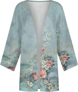 FlekmanArt Kimonos for Women Casual 3/4 Sleeve Print Open Front Cardigan Resort Wear Trendy Flowy Lightweight Dressy Jacket 2-cyan Medium
