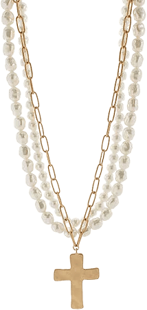 Layered Pearl Cross Necklace