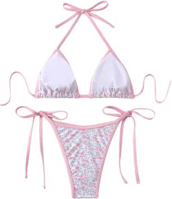 Women's 2 Piece Swimsuit Tie Dye Halter Triangle Tie Side Thong Bikini Set Cute Bathing Suit Pink Small