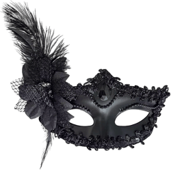 Women's Black Feather Masquerade Eye mask, Black Swan Ostrich Hair or Bird feather Mask, Sexy Venetian costume Halloween Mask Carnival cosplay party