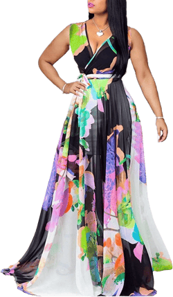 Womens Floral Maxi Dress Sleeveless V-Neck Printed Chiffon Dresses Waisted Belt Summer Boho Dresses