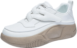 Classic Hook and Loop Colorblock Design Women's Leather Platform Sneakers Lightweight Non-Slip Slip On Breathable Walking Shoes Comfortable Round Toe Casual Fashion Running Shoes 8 White
