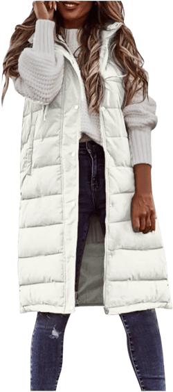Wankang Long Puffer Vest for Women with Hood Sleeveless Puffer Jacket Lightweight Down Vest Full Zip Winter Quilted Vest Large A-white