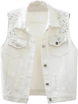 Pegsmio Women's Denim Vest Autumn Solid Hole Studded Sleeveless Jacket Short Jeans Coat Street Denim Outwear 3X-Large White