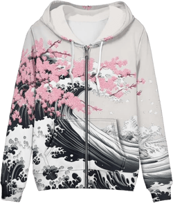 GLUDEAR Women Novelty Graphic Print Zip Up Hoodies Long Sleeve Hooded Sweatshirts Oversized Casual Jackets with Pocket XS-5XL Cherry Blossom Kanagawa Small